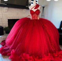 Quinceanera Red Glitter Tulle Ball Dress with Beaded Corset