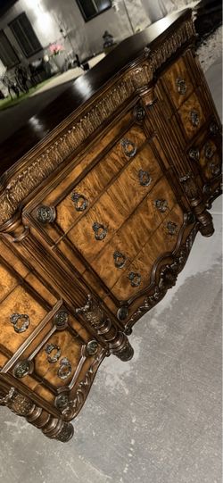 Ornate Wood Dresser with Metal Ring Pulls