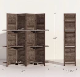 4 Panel Wood Divider with Shelves
