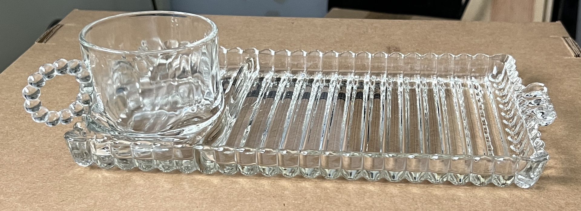 8 Vintage Hazel- Atlas Orchard Glass Crystal  Sip, Snack, Smoke Trays With Cups!