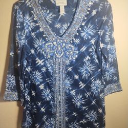 Chicos Top Beaded Embroidered Boho Coastal Beach Tunic Top Women S