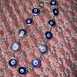 Vintage Sterling Silver Glass Blue Evil Eye Bracelet, Marked MWS 