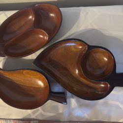 Vintage Mahogany Leaf Trays Segmented Wooden Dish Nut Trays Chips Serving Trays