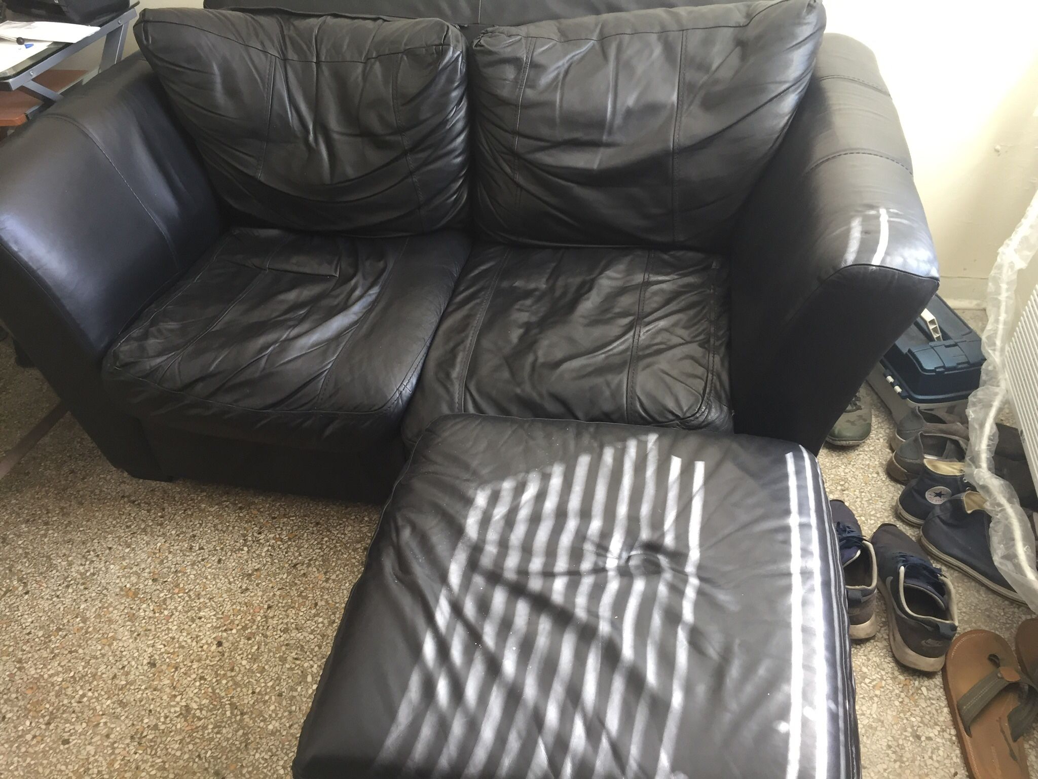 Love Seat/Couch/Sofa With Ottoman - Black Leather