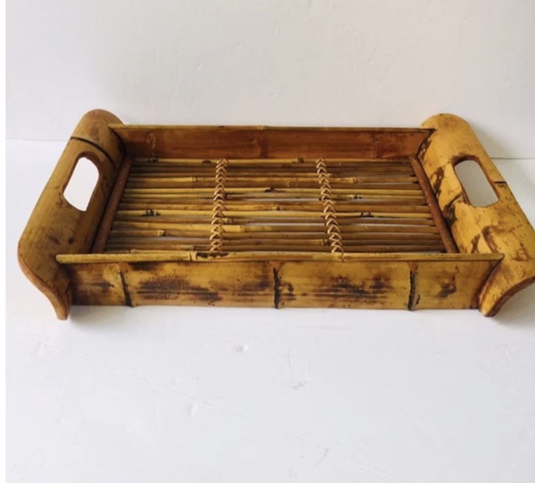 Mid century modern bamboo tray. Breakfast in bed tray. Coffee table tray. Boho chic bamboo serving tray. Tea service tray. Rattan wicker