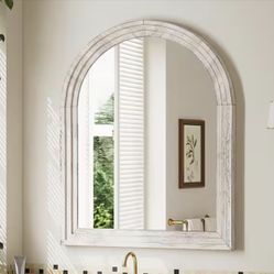 GLSLAND 30 in. W x 40 in. H Large Arched Wooden Pale Taupe Framed Wall Vanity Mirror Bathroom Mirror