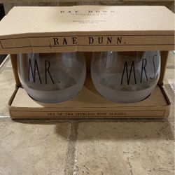 Rae Dunn Mr. Mrs. Stemless Wine Glass Set Wedding Gift 20 oz