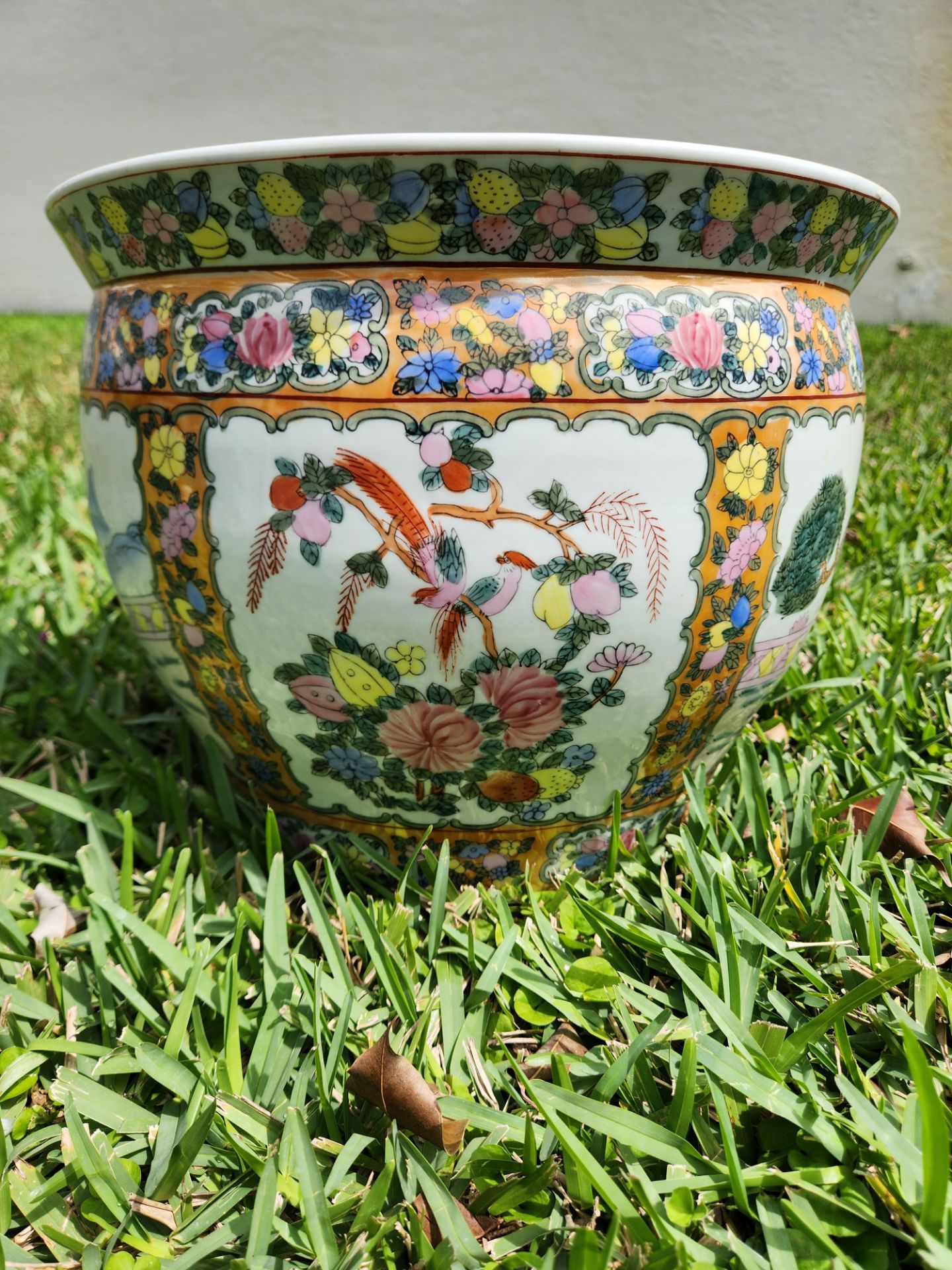 Vintage 14" Chinese Famille Rose Fish Bowl Planter - Peacock & Koi