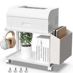 2 Tier Modern White Wooden Under Desk Printer Stand with Storage Bag for Home Office Desktop Printer Table Organizer Mobile Printer Shelf Cart with Ca