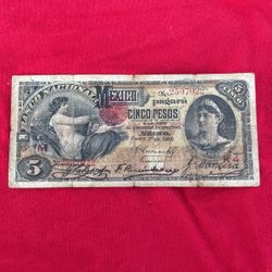  Illete Antigo De 🇲🇽 5 Pesos Banco Nasional De MEXICO 1908