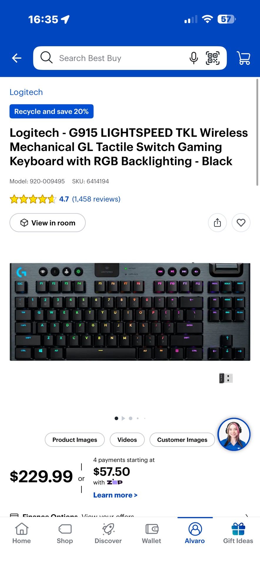 Logitech - G915 LIGHTSPEED TKL Wireless Mechanical GL Tactile Switch Gaming Keyboard with RGB Backlighting - Black