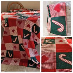 118"×42" Red White & Green Checkered Embroidered Holiday Christmas Cotton Crafting Fabric Material or Unfisnished Tablecloth. Candy Canes Hearts. Home