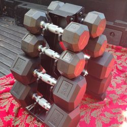 SET  OF  RUBBER  NEW  HEX  PYRAMID  SPACE  SAVING  DUMBBELL  RACK  (PAIRS OF)  :  8s  12s  20s  25s    •   Heavier  Rubber Dumbbells Also Available  3