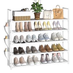 5 Tier Shoe Organizer, 33.3in Wide x 11.2in Deep x 35.6in Tall, Black Metal and Plastic Shoe Rack with Side Bag, Holds 20-25 Pairs of Shoes