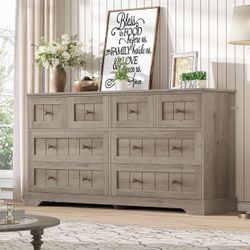 Gray 8 Drawer Dresser, 55.1" Wide Farmhouse Dressers Chest of Drawer, Wood Bedroom Dresser with Hand Carved Panel, Large Capacity Clothing Storage Org