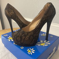 Black All Around Lace Dress Heel Shoes 