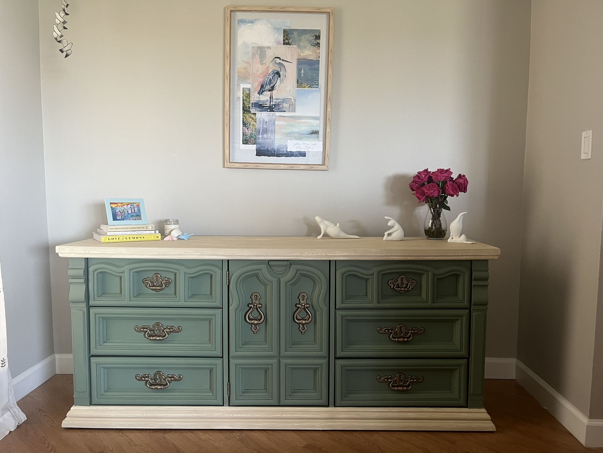 Vintage Sage Green Dresser with Weathered Oak Top