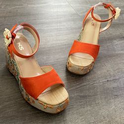 BKS Orange Platform Wedge Sandals Size 7 – Floral Espadrille Heel Summer Shoes
