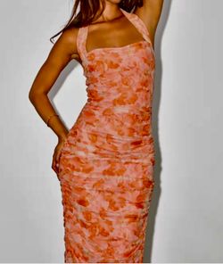 Lulus Janessa Orange Floral Mesh Ruched Bodycon Midi Dress Size L