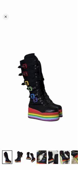 Black Platform Knee-High Boots Rainbow Buckles