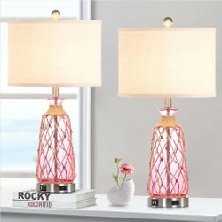 Set of 2 25.5-inch coastal glass table lamps, 3-way dimmable, touch control, with 2 USB ports and AC outlet, pink nautical lamps for bedside table
