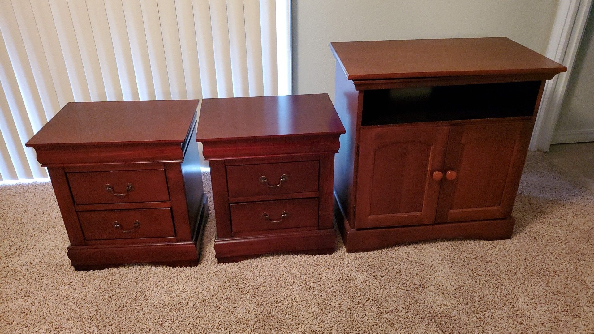 TV stand and 2 night stands. Cherry finish.