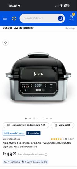 Ninja AG300 4-in-1 Indoor Grill & Air Fryer, Smokeless, 4-Qt, 100 Sq In Grill Area, Black/Stainless
