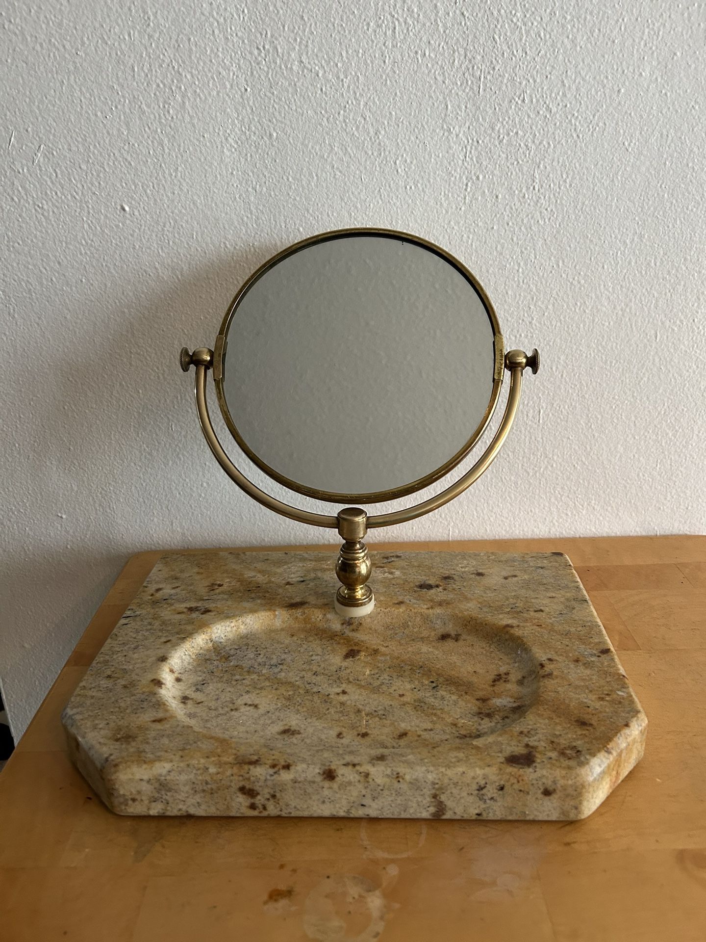 Brass Makeup Mirror On Marble Stand