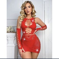 Red Cut Out Mesh Dress And Arm Sleeves Without Liner / 3pc Set/ Stretchy Size /large 💋