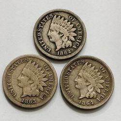 1862 , 1863 , 1864 Old Indian Cent Coins 