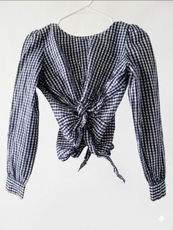 Navy Gingham Long Sleeve Tie-Back Blouse