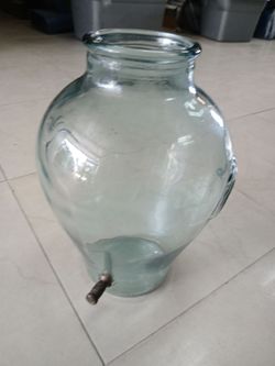 Green glass water beverage jug dispenser SVE Made in Italy Brass spigot, height 15.5" , no lid