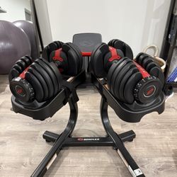 Bowflex Adjustable Dumbbells With Stand, Plus Bench And Pair Of 5 Lbs And 10 Lbs Dumbbells 
