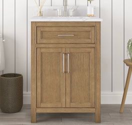 Allen + Roth Connery 24 in Golden Oak Single Sink Bathroom Vanity without Top, New Scratch and Dent