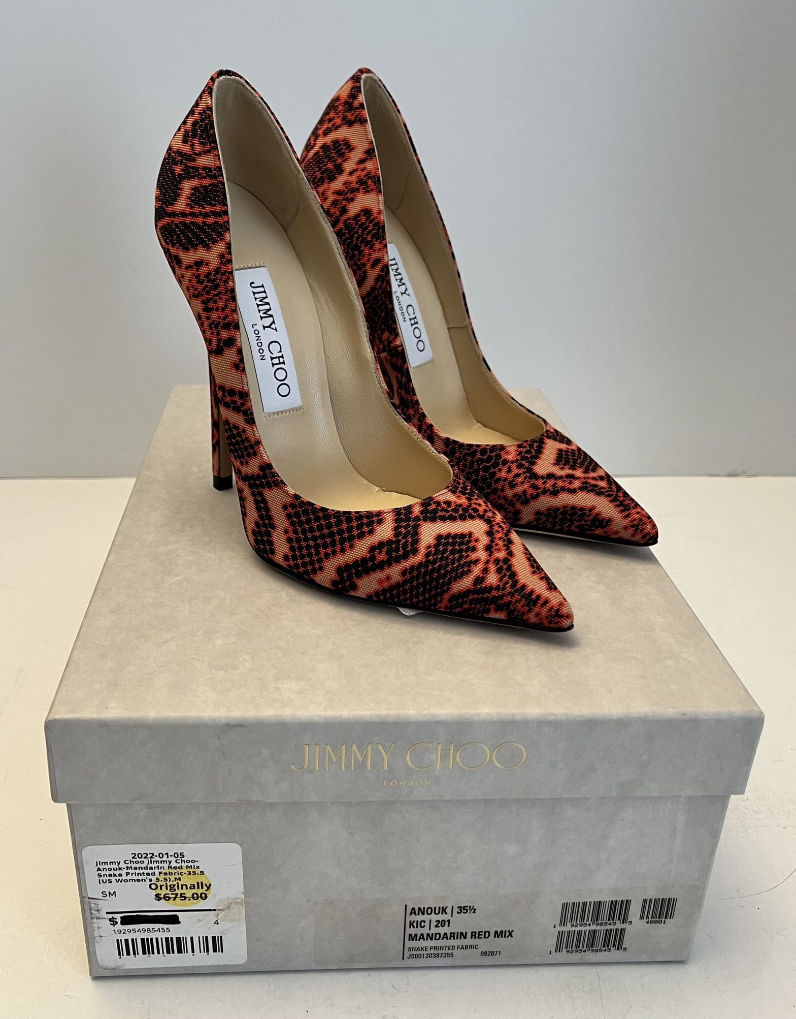Jimmy Choo Anouk Red Mandarin Snake Print Fabric Pumps 35.5 / 5.5US. New In Box.