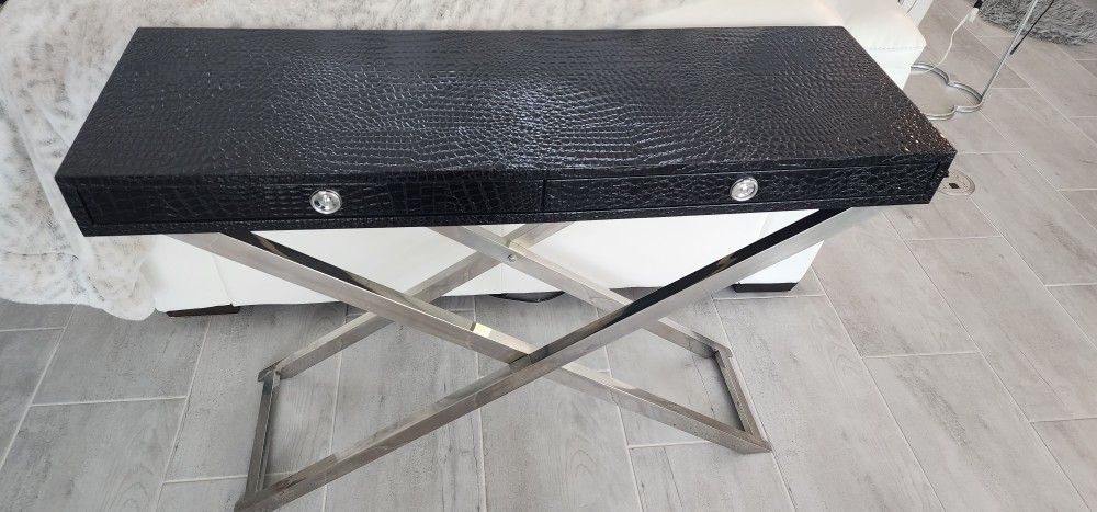 Side Console Table Black Crocodile Print Silver