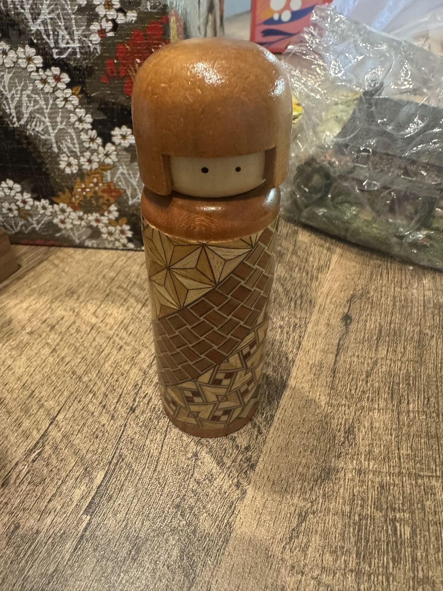 Authentic Yosegi Zaiku Kokeshi Toothpick Holder – Hakone Japan – Wooden Doll Box – Vintage Handmade