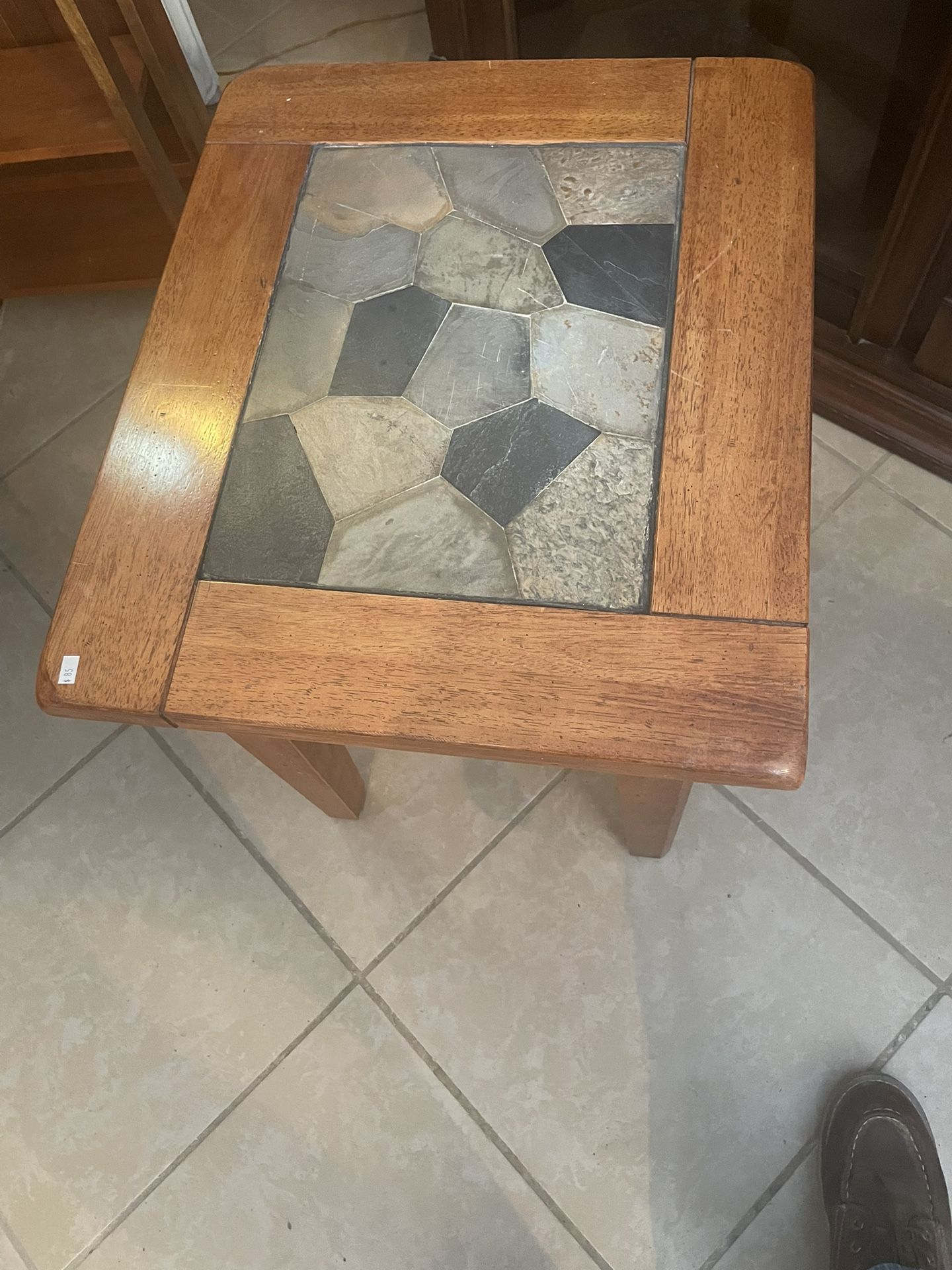 Wooden side table with stone center
