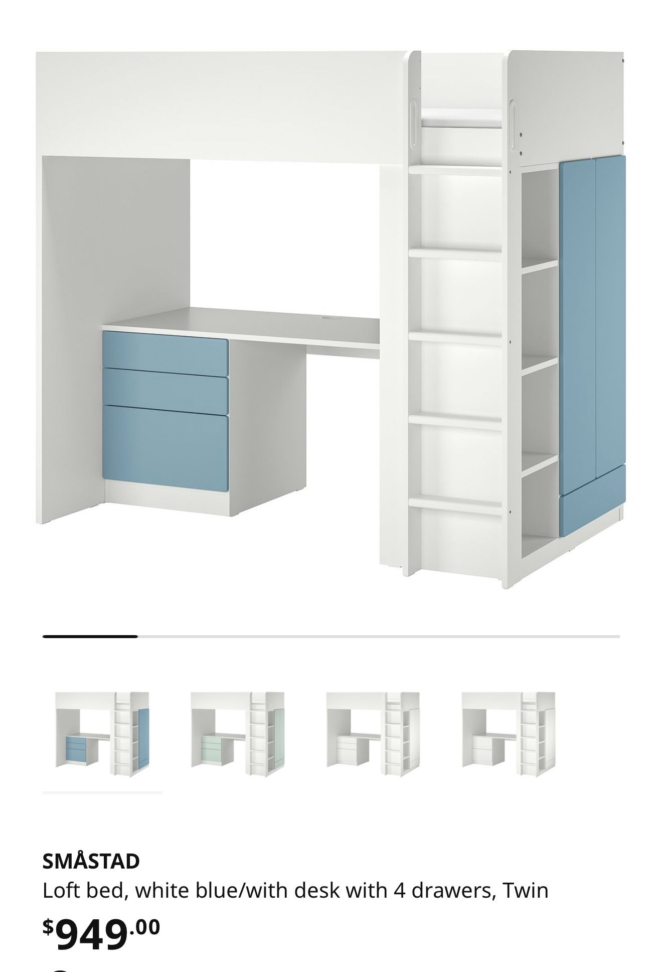 Loft bed, white blue/with desk with 4 drawers, Twin