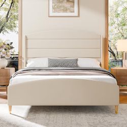 Cozy Castle Queen Size Bed Frame with 50.4" High Wingback Headboard Velvet Upholstered Bed/No Box Spring Required/Wood Slat Support/Easy Assembly (bei