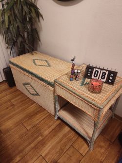 🔥Coastal Chic Rattan Storage Trunk Set with Green Diamond Pattern🔥