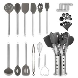 38 Pieces Non-Stick Silicone Cooking Utensils Set, Spoon Spatula Set with Sturdy Stainless Steel Utensil Holder, Dishwasher Safe