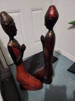 Pair of Carved Wood Praying Figurines