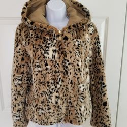 Leopard print hooded zipped up coat- size M