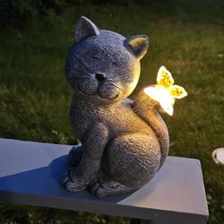 Solar Cat Garden Statue with Butterfly - Outdoor Yard and Patio Decor