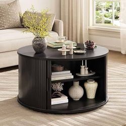 C253 $85  31.5" Round Coffee Table with Sliding Door/Hidden Storage, Black Mid Century Modern Round Coffee Table with Storage, CenterTable Fluted Acce