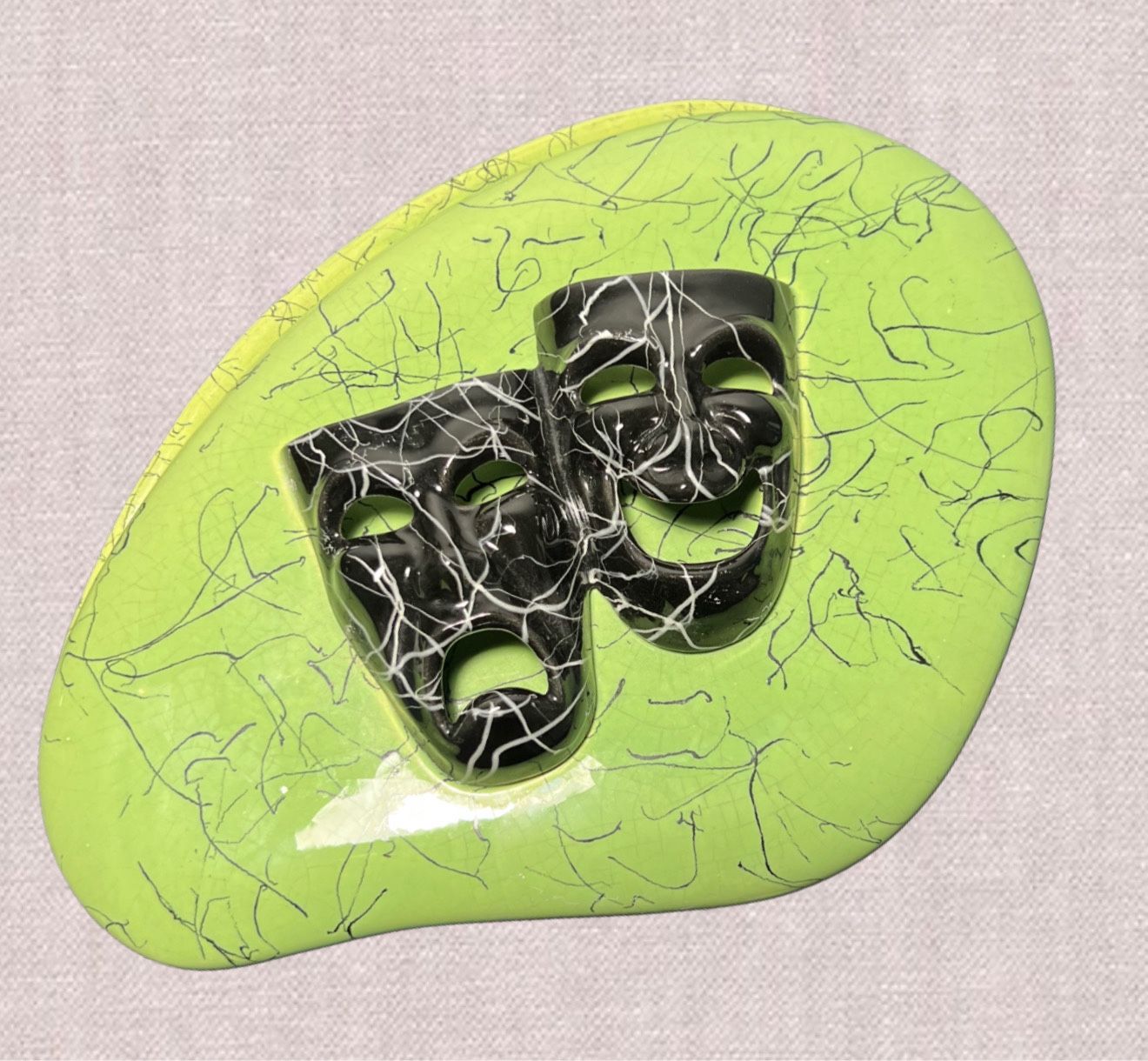 Marcia Of California 1950s Green Black Ceramic Tragedy Comedy Mask Dish, 10x7.5”