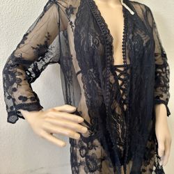 Two Pc Black Lace  Body And Suit Lace Robe Cover Up Small Medium 6