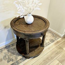 Real Wooden Round End Table With Drawer And Shelf