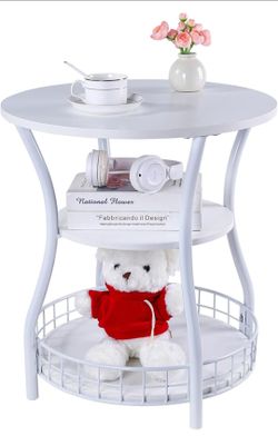 Anlanbor Round End Table with Storage Basket, 3-Tier White Side Table, Modern Nightstand for Living Room Bedroom, Small Coffee Table with Shelf & Meta